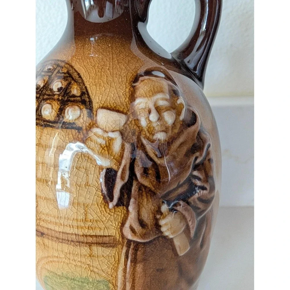 Vintage Monk Ceramic Decanter Brown Ombre Glaze Relief 3D Design with Stopper